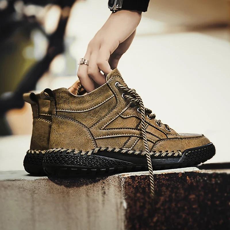 Fashion New 2024 Stylish Men Handmade Casual Leather Basic Boots Outdoor Antiskid Flat Design Hiking Sneakers Comfy Lace-Up Ankle Boots