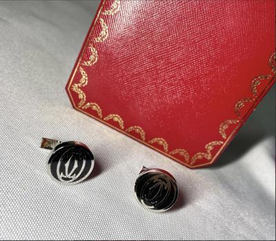 Cartier Double C Logo Pattern Cufflinks Silver 925 Black Vintage Button Style