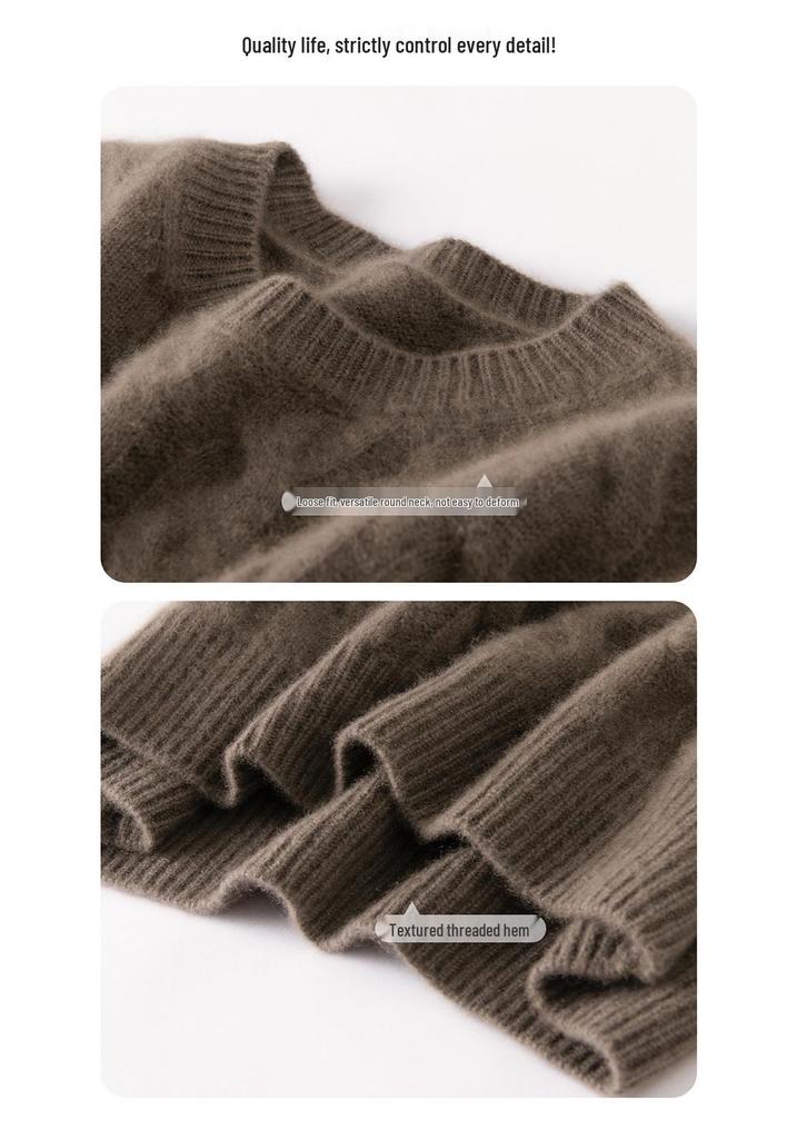 Women's Retro Cable Knit Round Neck Cashmere Sweater - Thick and Skin-Friendly for Autumn/Winter