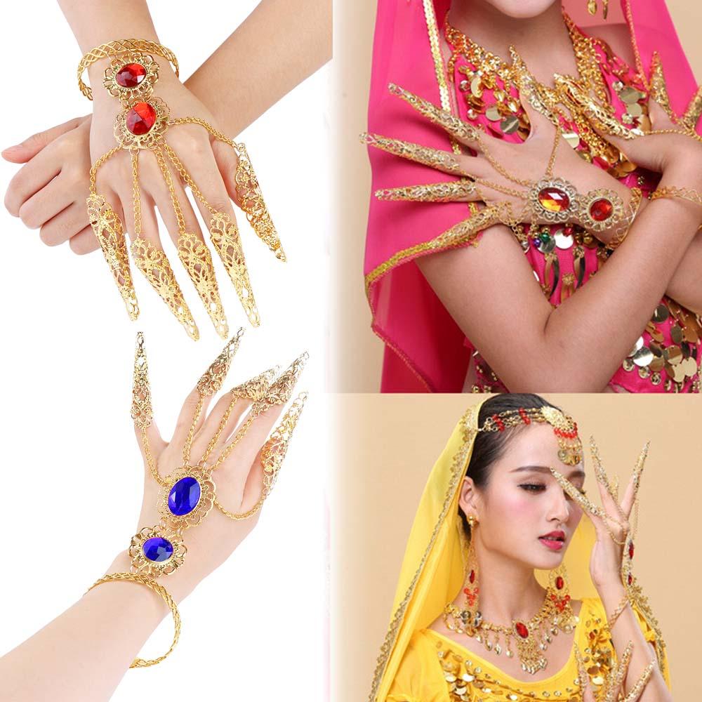 Gift Indian Thai Red Gem Nail Rings Golden Finger Bracelet Knuckle Rings Belly Dance Bracelet