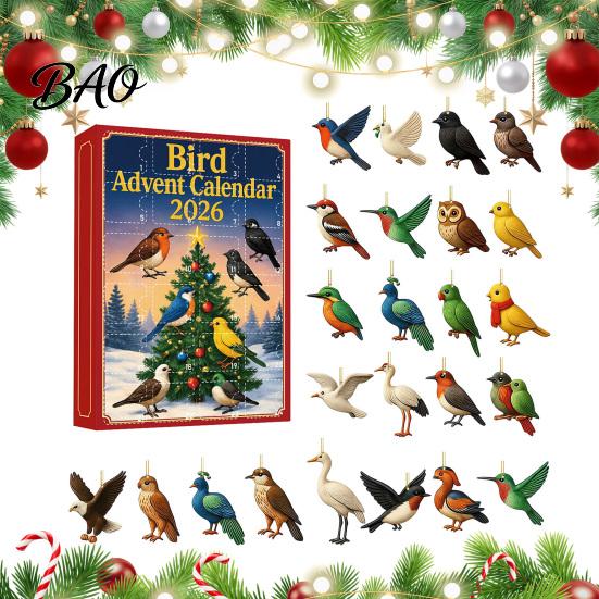 Christmas Party Bird Favors 24 Day Advent Calendar with 2D Flat Acrylic Hanging Pendants, Detailed Animal Shaped Decors Countdown Calendar,