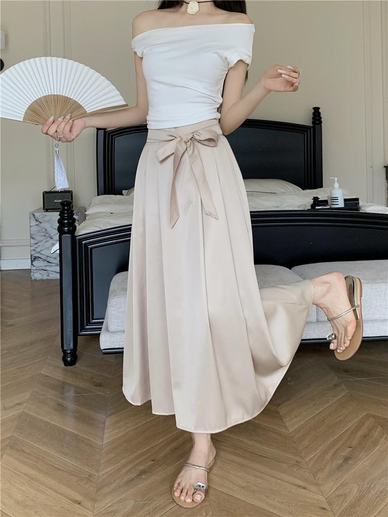 DX~~New Design Feeling Bow Tie Satin Pleated Skirt, Spring and Summer High Waisted Slim A-line Skirt