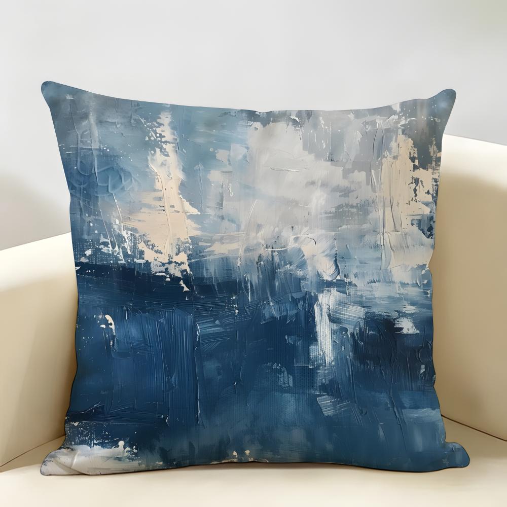 Alricc Blue Gray Abstract Art Cushion Cover Natural Linen Organic Fabric Double-Sided Printing Breathable Perfect For Home Decor