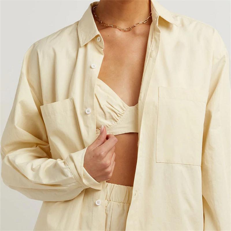 Рубашка с шортами, женский повседневный свободный кардиган с длинным рукавом, пижамный комплект из 3 предметов, осенний винтажный элегантный шикарный классический базовый пижамный комплект, домашняя одежда