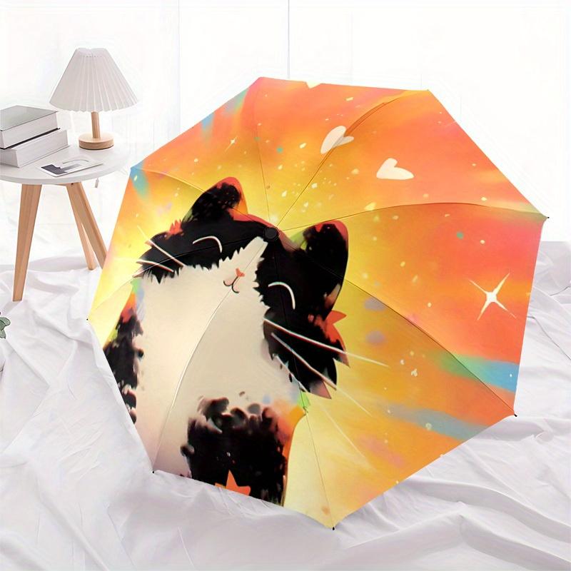 1pc Cat Sunset Automatic Open 8-Rib Windproof Umbrella, Travel & Commuting, Suitable for All Seasons, Lightweight Portable,039