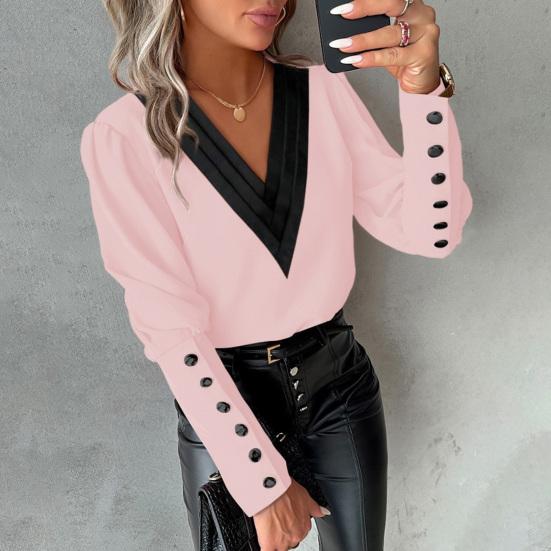 Цветной большой размер шеи, мягкая пуговица с декором, V-образный вырез и длинный рукав, контрастный лоскутный пуловер, топ в повседневном стиле