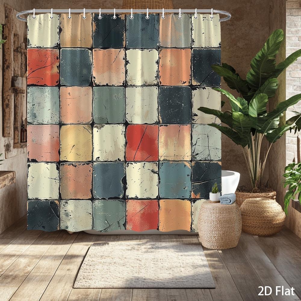 Retro Spanish Mosaic Shower Curtain – Vintage Mediterranean Bath Decor, Multi-Color Tile Design, Machine Washable