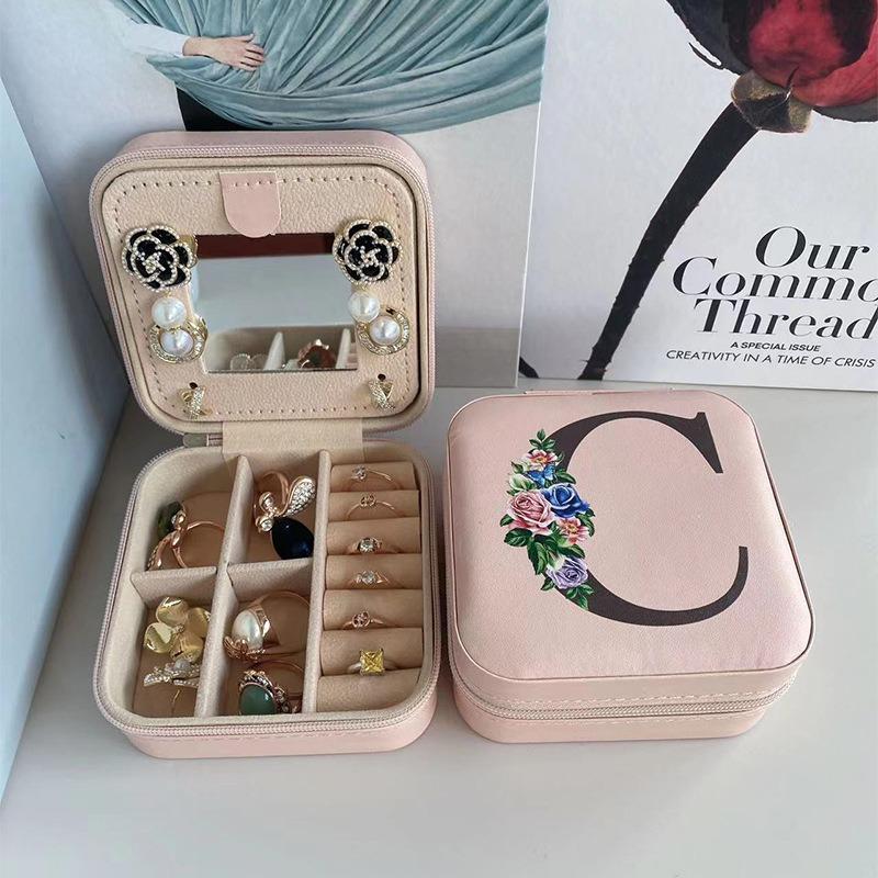 PU Jewelry Box Storage Mirror Box 26 Printed Letter Jewelry Box Portable Jewelry Storage Box Earring Ring Box