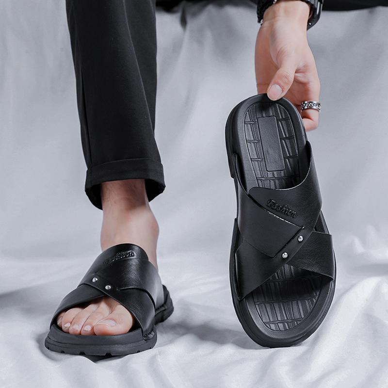 Модные летние мужские сандалии из натуральной кожи, пляжные сандалии, резиновая подошва, мягкие черные тапочки с толстой подошвой, мужские римские сандалии