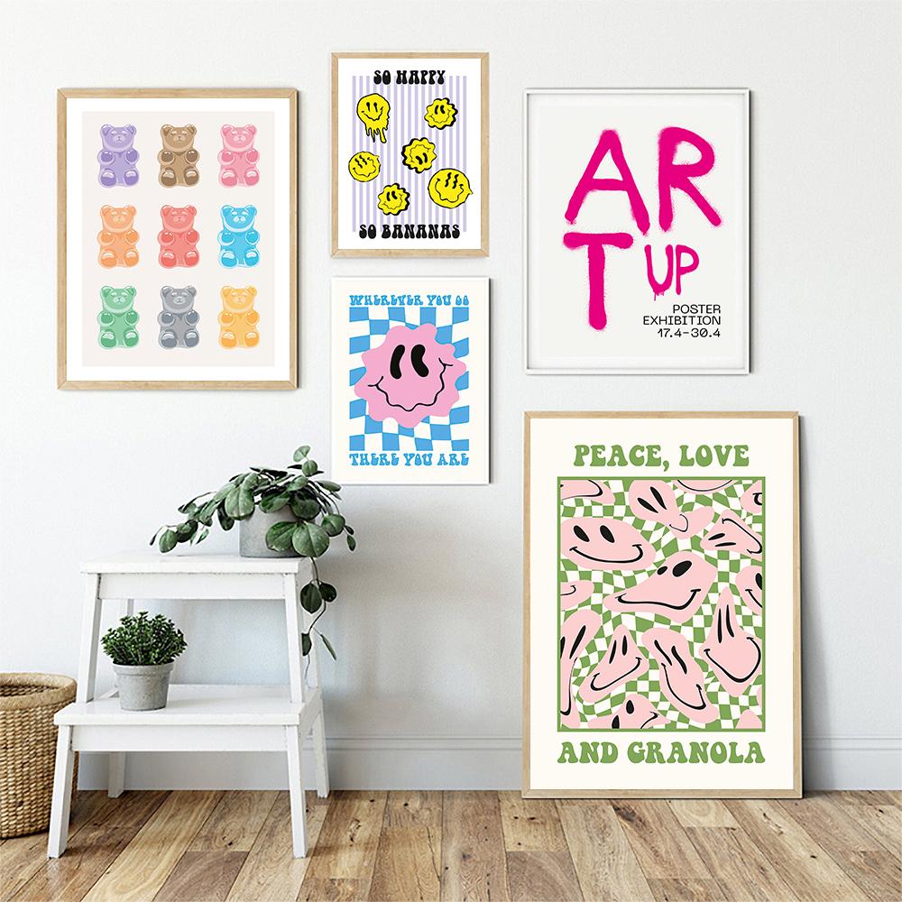 Abstract Smiley Poster Aesthetics Rainbow Bear Print Hippie Doodle Canvas Painting Checkerboard Art Wall Picture Home Room Decor