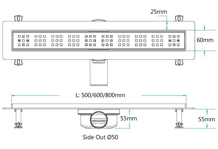 Linear Shower Drain With Perforated Grate, Length 500 Mm