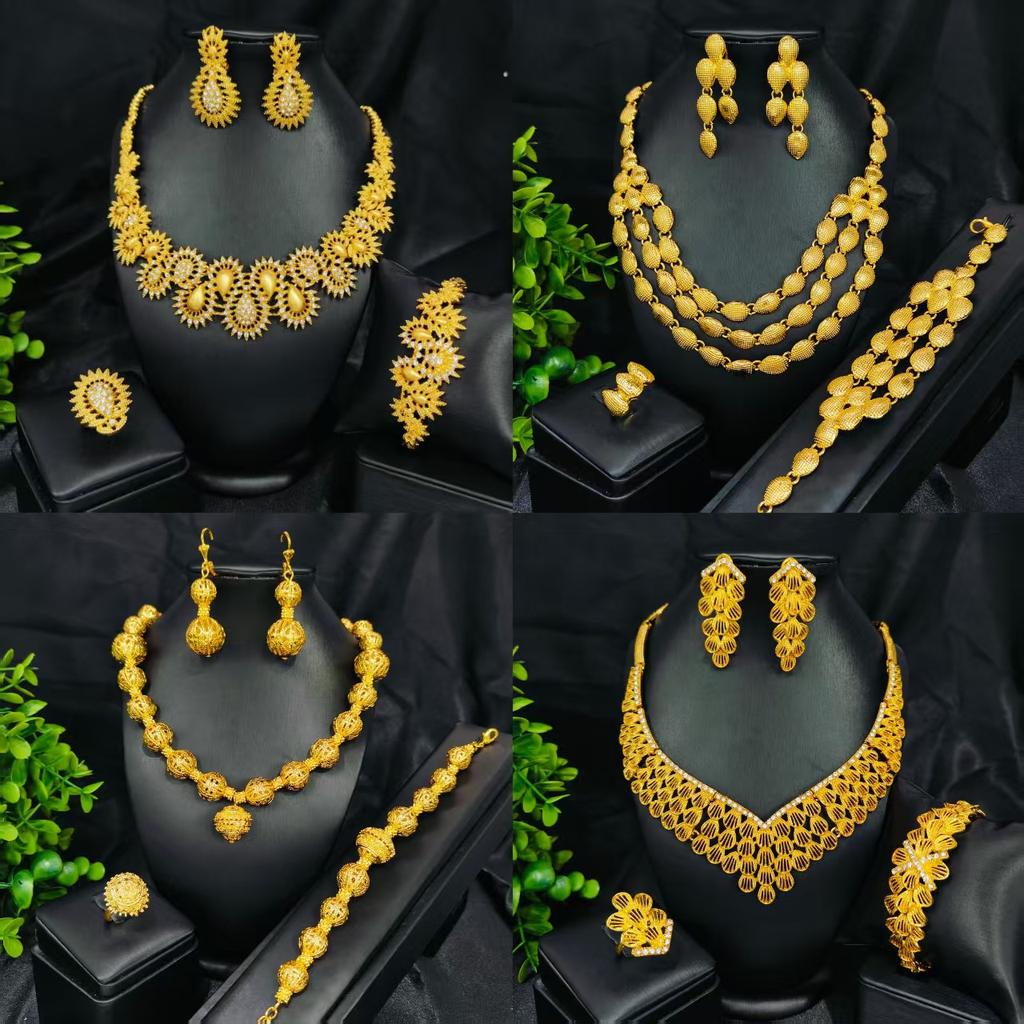 Позолоченный вьетнамский свадебный комплект: колье, серьги, кольцо, браслет. Атмосферные свадебные украшения