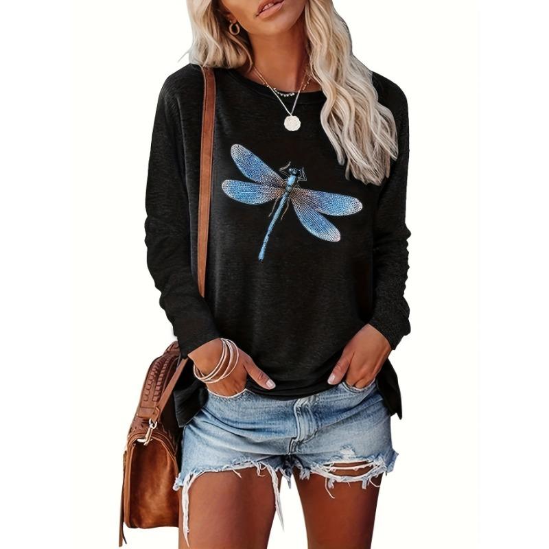 Новая разноцветная женская футболка с принтом стрекозы, укороченный топ с длинным рукавом, женская графическая блузка, женская одежда больших размеров, рубашки