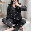 2025 Весна Осень Женская Пижама Комплект из 2 предметов с милым черным принтом бабочек Искусственный Шелковый Атлас Пижамный Комплект Женщин Длинные Рукава Пижама Женская Домашняя Одежда