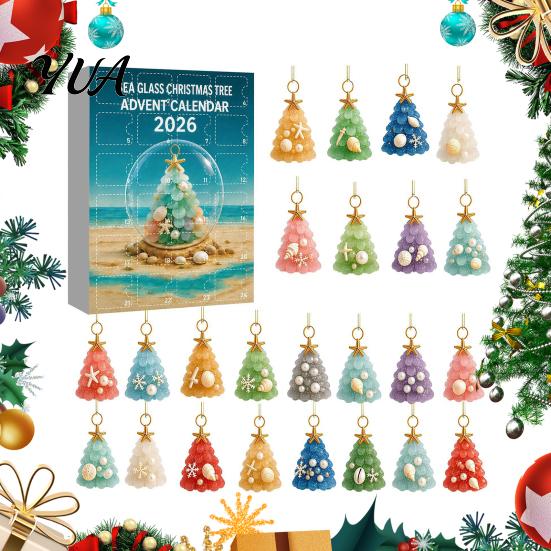 Decorative Marine Style Pendant 2026 Christmas Advent Calendar, Sea Glass Tree 2D Acrylic Ornament Set 24 Day Countdown Box with Hanging String,