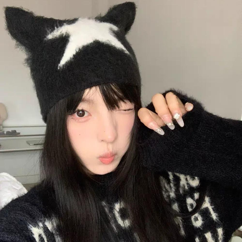 Korean Style Knitted Pullover Hat Star Brimless Beanie Cap Personality Cat Ear Woolen Hat Autumn