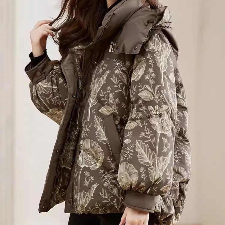 WTEMPO Большие размеры, пуховики на молнии, женские зимние короткие стеганые куртки с капюшоном и принтом, повседневные свободные толстые пальто с карманами