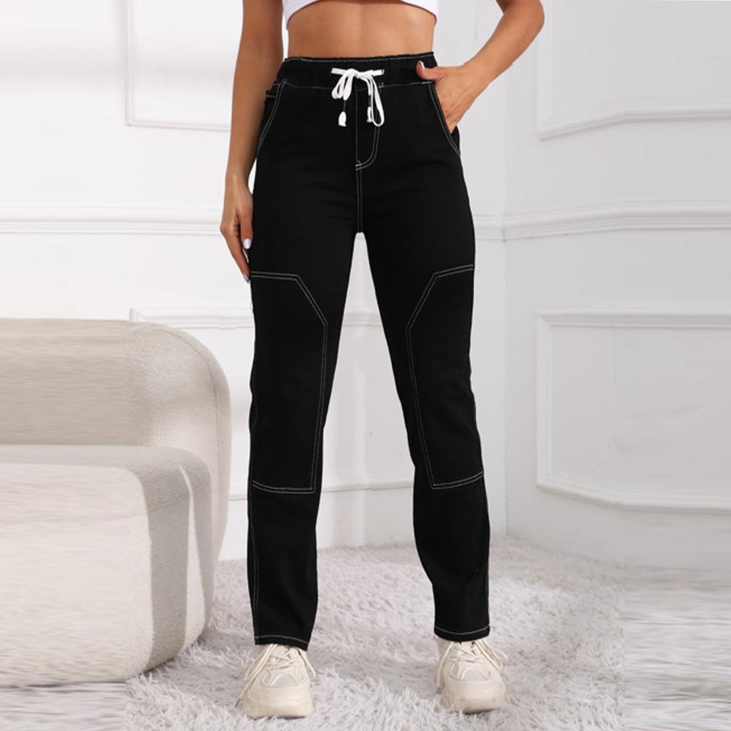 Girls Fashion High Waist Elastic Drawstring Elastic Waist New Fashion Straight Jeans