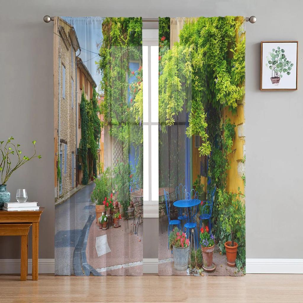Italian Town Street Sheer Curtains for Living Room Transparent Tulle Window Treatments Bedroom Kitchen Home Decor Veil Drapes