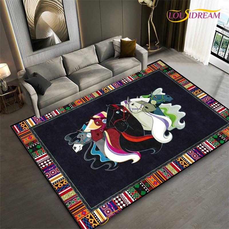 Мода Этническая Рамка Ковер Лошадь Домашний Декор Прямоугольный Ковер для Комнаты Черный Зеленый Оранжевый Гостиная Спальня Прикроватный Напольный Коврик для Стола