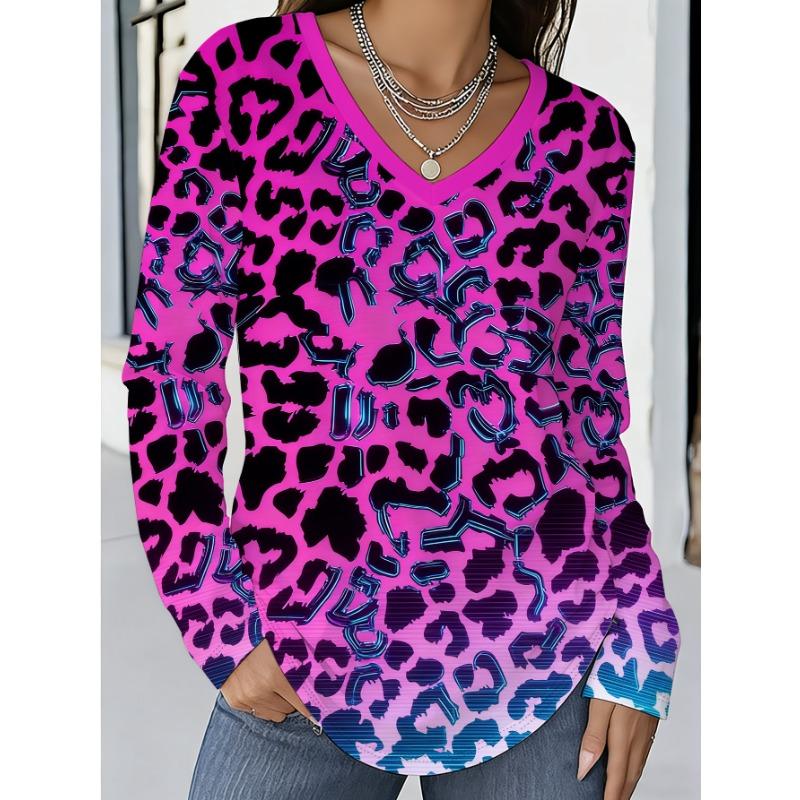 Sweet cool cyber neon fluorescent pink leopard print all over V-neck long-sleeved T-shirt