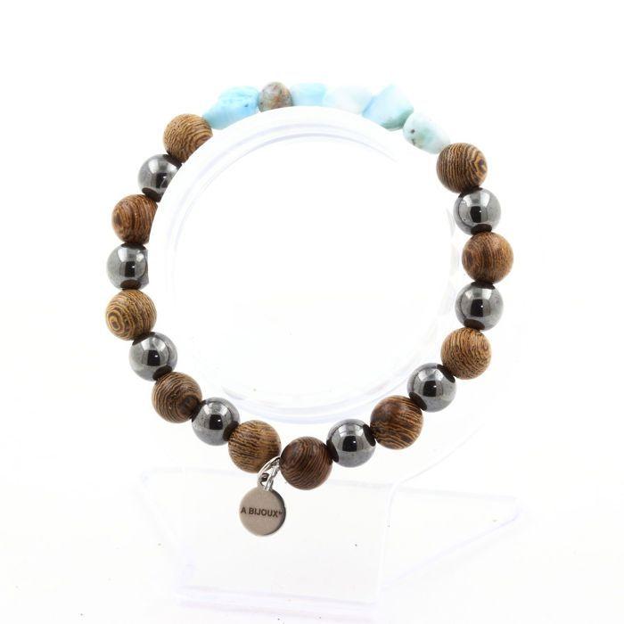 Stones and Minerals. Dominican Republic Larimar Bracelet + Hematite Beads + Wood 8 Made In France.