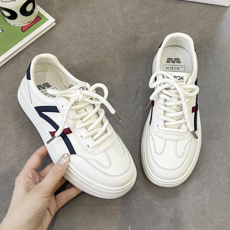 Women's White Shoes New Fashion Sports and Leisure Lace-up Flat All-Match Thick Bottom Color Matching Comfortable Board Shoes