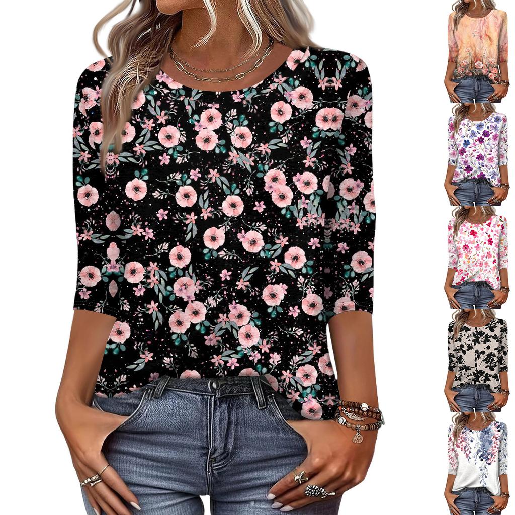 Women's Fashion Casual Round Neck 3/4 Sleeve Loose Printed T-Shirt Ladies Top