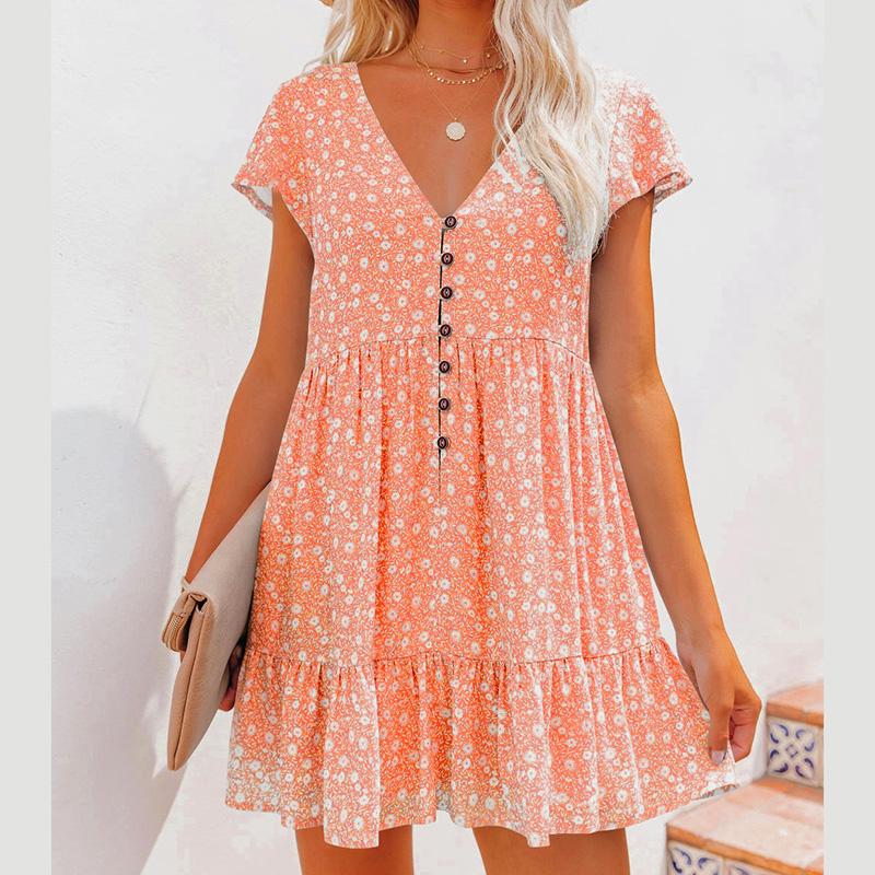 Женское летнее свободное праздничное цельное платье с коротким рукавом и V-образным вырезом с цветочным принтом