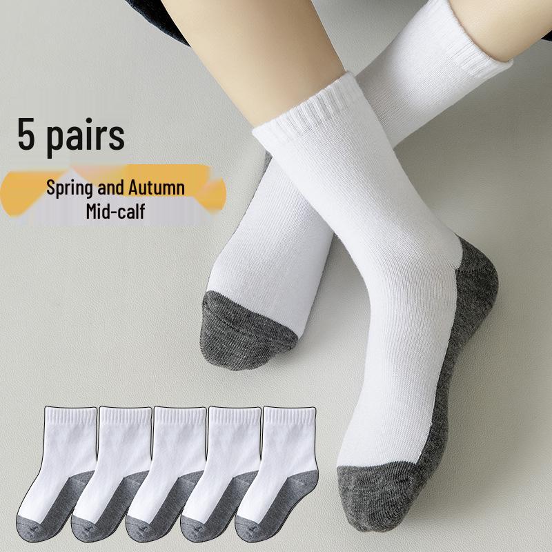 Детские хлопковые носки: Белые и черные, до середины икры, дезодорирующие, грязеотталкивающие, подходят для весны, осени и зимы