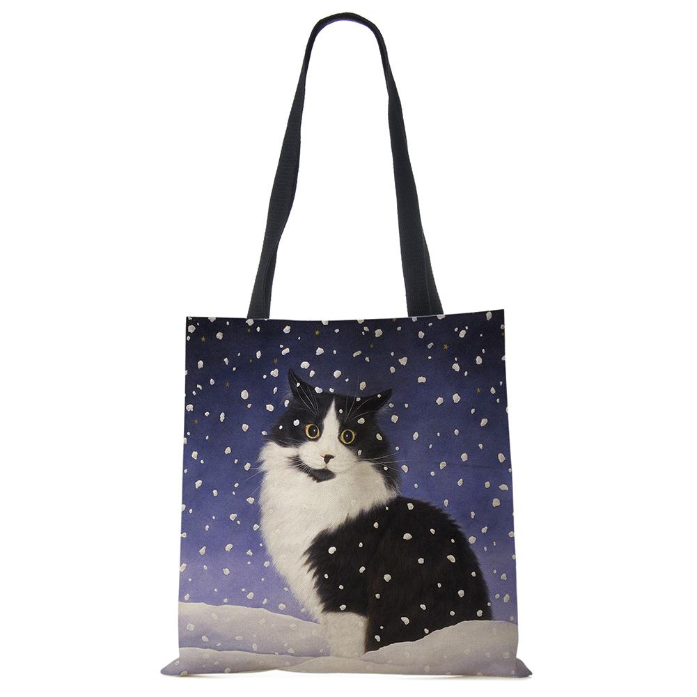 Cute Cat Flower Painting Print Womens Designer Tote Bags Women Handbag Large Shopping Bag Foldable For Groceries CLE