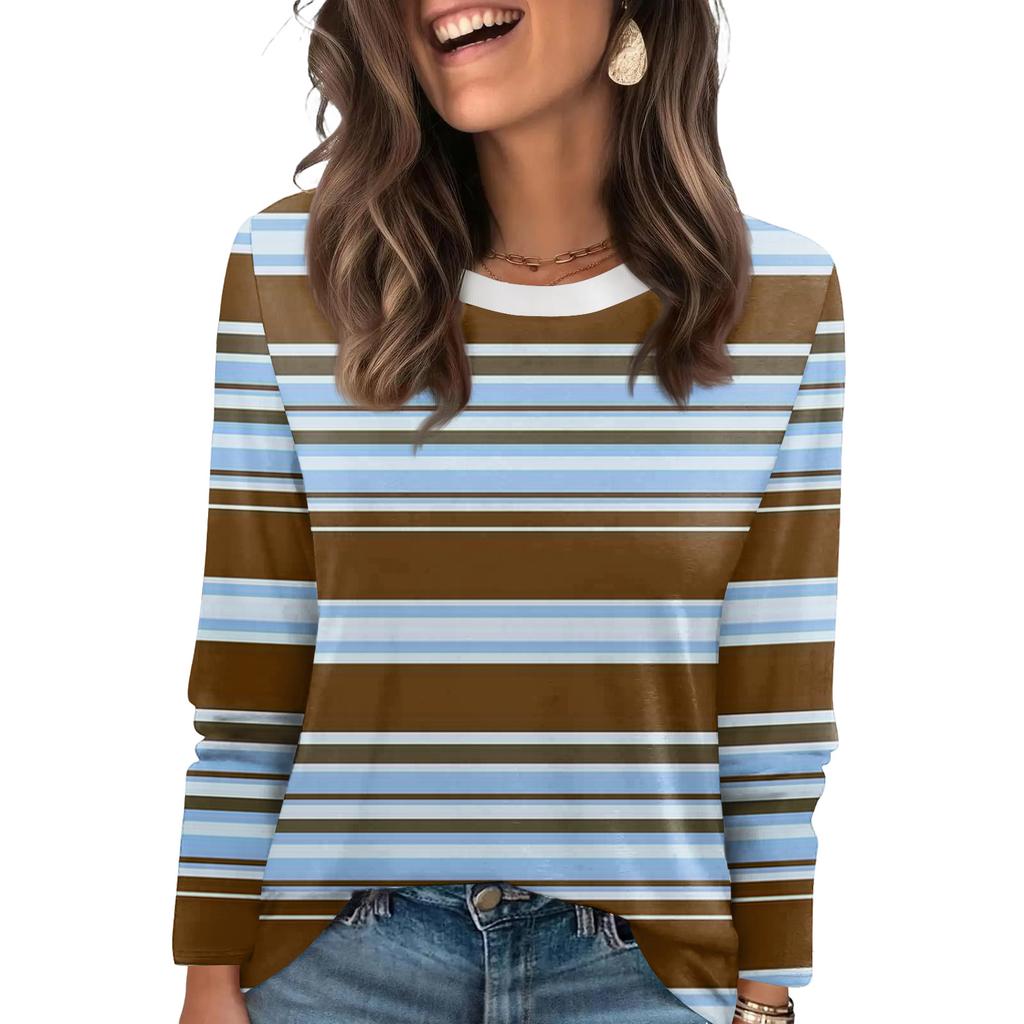 Женский полосатый модный повседневный топ с круглым вырезом и длинными рукавами