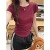 Korean Solid Color Round Neck Age-reducing Right Shoulder Waist Pleated Embroidered Summer Short-sleeved T-shirt Slimming Short Top