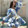 Printed Deep V-neck Sweet Dress Double Layered Ruffled Hem Long Sleeve Elegant Vacation Party Dresses 2025 Summer New Fashion