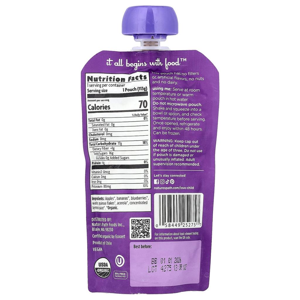 Love Child Organics, Nature's Path, Органическое детское пюре, 6+ месяцев, Яблоко, Банан, Черника, 4 унции (113 г)
