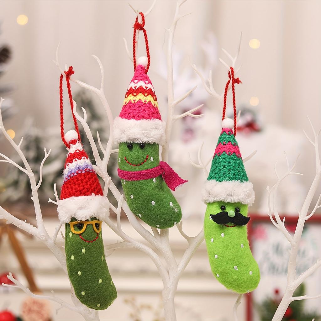 3pcs Christmas Pickle Ornaments with Santa Hats Festive Tree Decorations, No Power Needed, Featherless Fabric Home Party Decor