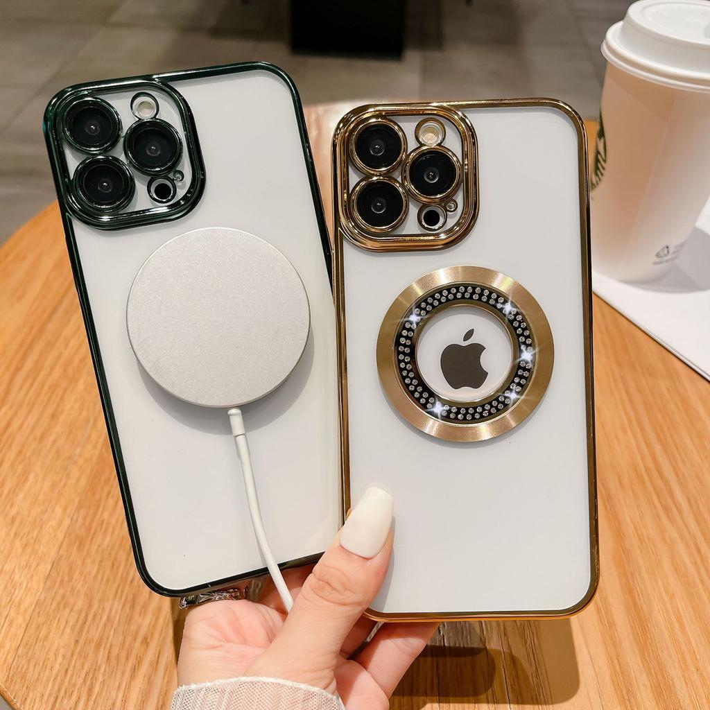 Подходит для iPhone17proMax Инкрустированный бриллиантами и с защитой от протечек Магнитный чехол для телефона Apple 16 Гальванизированный противоударный защитный чехол 15