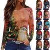 Women's Fashion Casual Slit Hem Round Neck Long Sleeve Loose Printed T-Shirt Ladies Top