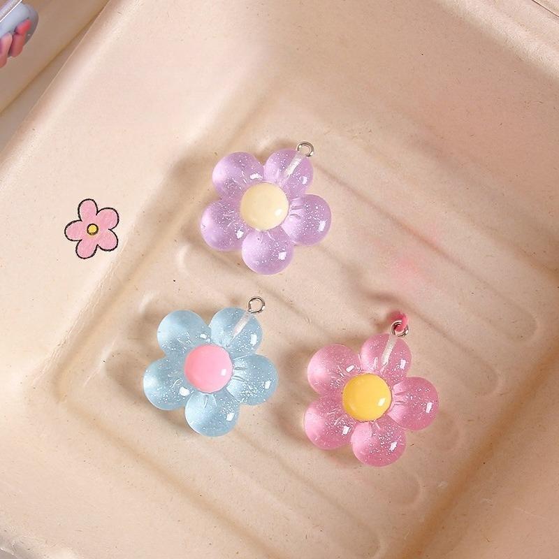 BEPAN 5pcs Transparent Glitter Five Petal Flowers DIY Jewelry Accessories Colorful Resin Shiny Flowers Keychain Pendant Decorations