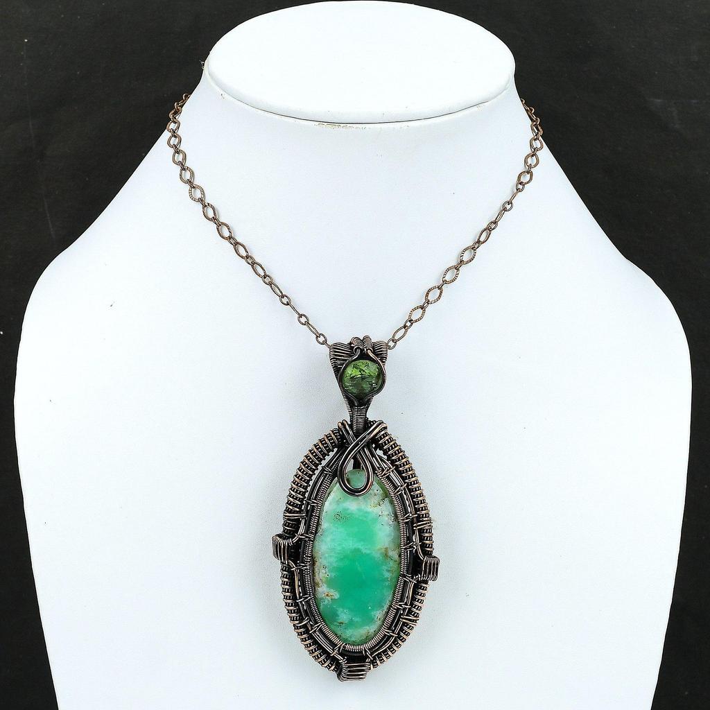 Медный кулон с хризопразом Медная проволока Кулон Ювелирные изделия ручной работы с драгоценными камнями Зеленый аметист Кулон Хризопраз Медные украшения для подарка