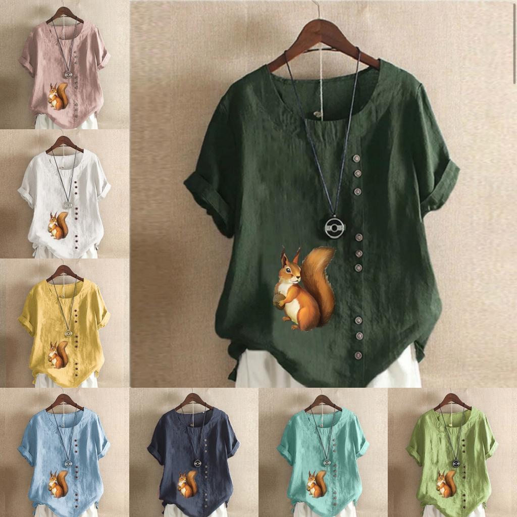 Women's Fashion Round Neck Short Sleeve T-shirt Casual Cotton Linen Graphic Shirt Leisure Loose Squirrel Prined Summer Blouse Tops