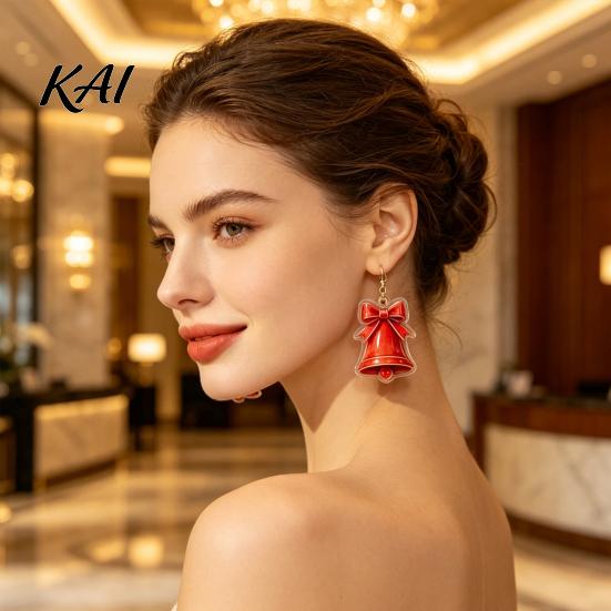 Christmas Costume Jewelry 1 Pair 2D Acrylic Bell Dangle Earrings for Women, Cute Red Lightweight Winter Holiday Accessories with Bow, Gifts Xmas Party
