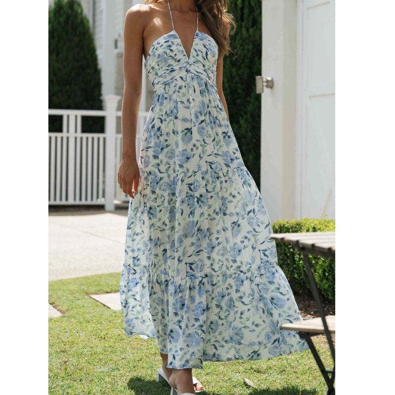 Летнее шифоновое платье без рукавов с V-образным вырезом, длинное, для праздника, сексуальное, с цветочным принтом, с высокой талией, свободное пляжное платье для женщин, Vestidos 25318