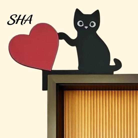 Creative Living Room Decoration Wooden Cartoon Cat Door Frame Pendant, Cute Black Corner Decorative Sign Decoration, Wall Sticker for Photo Frames And
