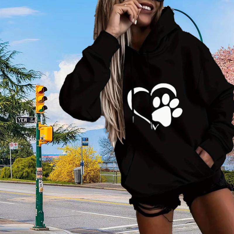 Женская свободная толстовка с капюшоном Love Dog Claw Print, блузка, свитшот, повседневный свитер с длинным рукавом