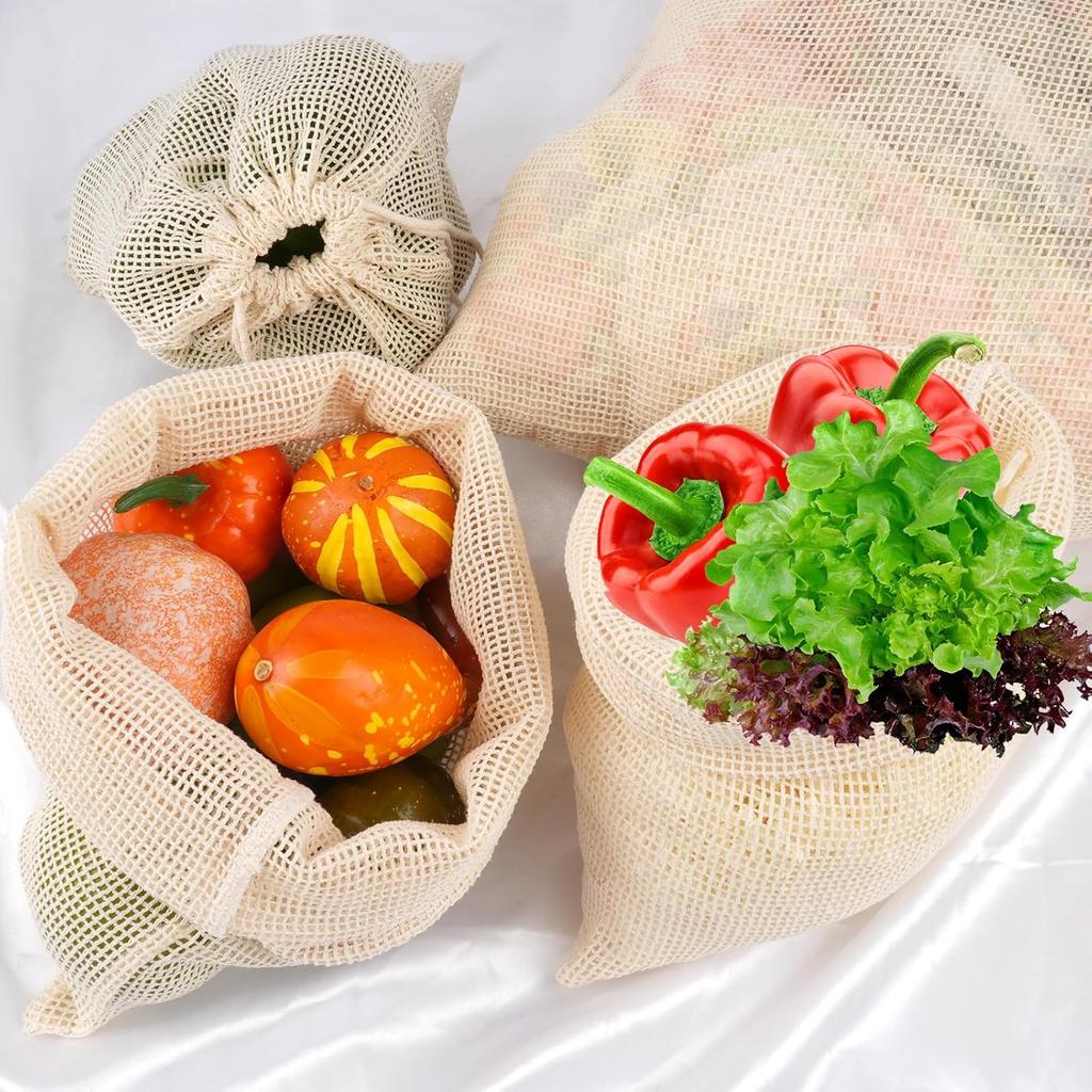 PEASUG 8 Pack Reble Produce Bags Grocery Washable, Cotton Mesh Vegetable Bags for Refrigerator Grocery Fruits and Veggies Shopping, Transporting