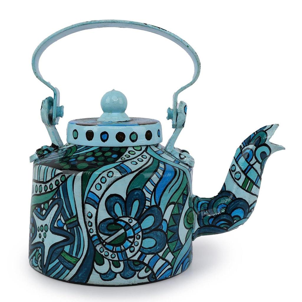 Handpainted Aluminium Decorative Kettle | Turquoise & Blue Abstract Art Print