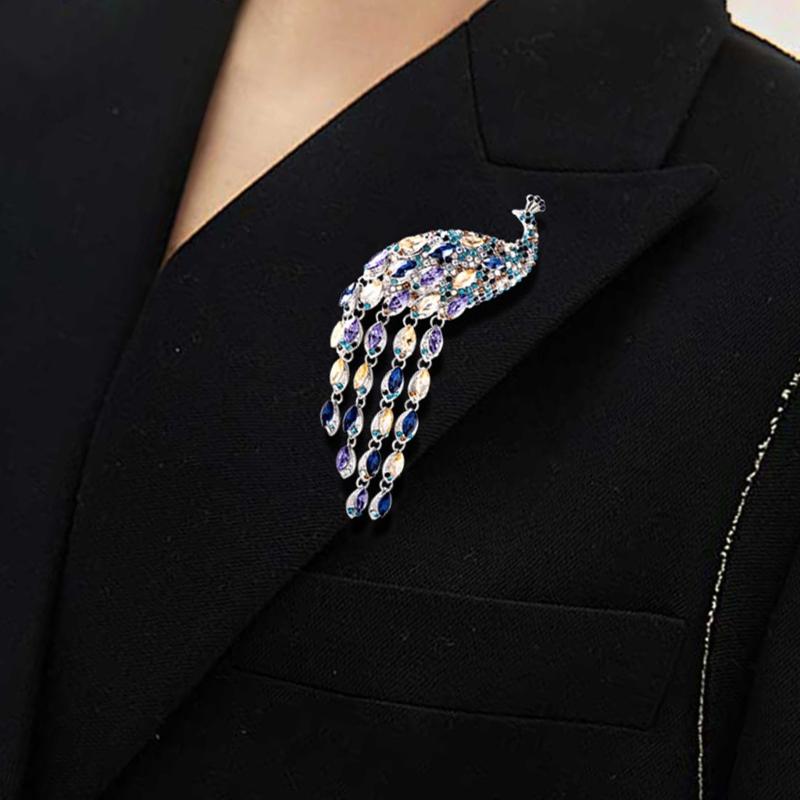 Elegant Long Tail Crystal Peacocks Brooch Party Jewelry Elegant Corsage Pin Alloy Texture Perfect for Wedding and Evening