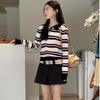 A College-style Color-blocked Striped Polo Collar Long-sleeved Knitted Top with A Unique Retro Design for Women's Autumn and Winter