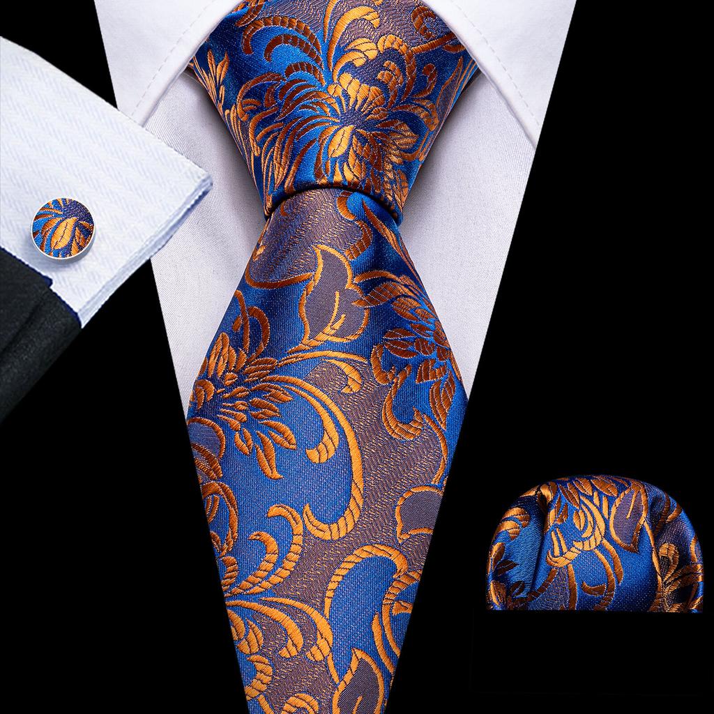 Barry.Wang Classic Tie for Men Woven Silk Striped Neckties Handkerchief Set Cufflinks Formal Casual